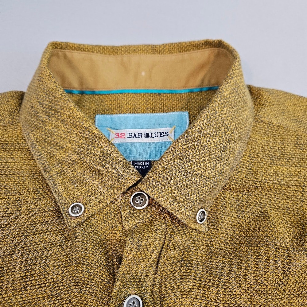 32 BAR BLUES | Mens Mustard Yellow Textured Long Sleeve Button Down Shirt Large - Picture 4 of 15